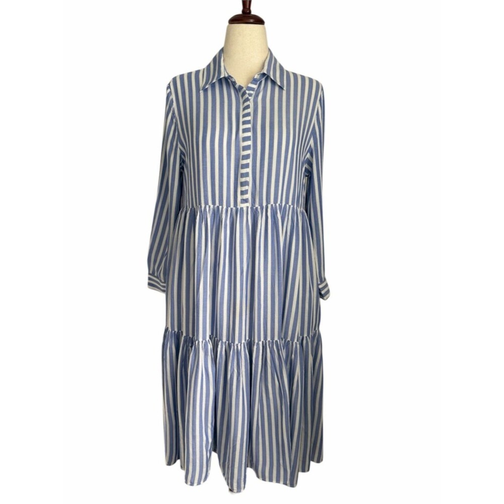 Vineyard Vines Striped Tiered Dress Blue White Pockets Size 8 Viscose Cotton